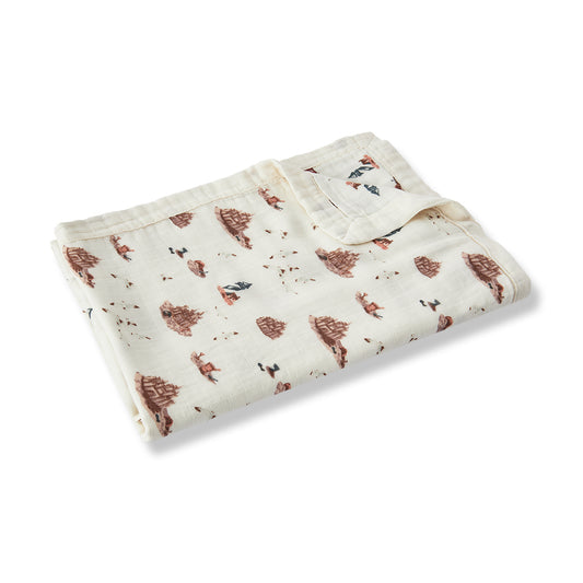 Milkbarn Sandcastle Big Lovey Three-Layer Muslin Blanket, soft and breathable bamboo and cotton blend with whimsical sandcastle, lighthouse, and seagull print for babies and children