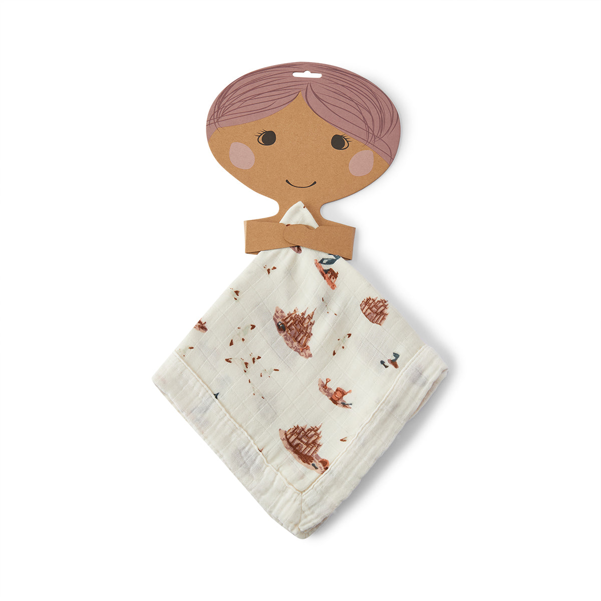 Milkbarn Sandcastle Mini Lovey Two-Layer Muslin Security Blanket in Milkbarn paper hanger packaging, lightweight bamboo and cotton muslin fabric, gender-neutral baby security blanket with beach and sandcastle theme