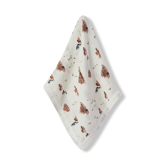 Milkbarn Sandcastle Mini Lovey Two-Layer Muslin Security Blanket, soft and breathable baby comfort blanket made from 70% bamboo rayon and 30% cotton, beach print with sandcastle, lighthouse, and seagull design