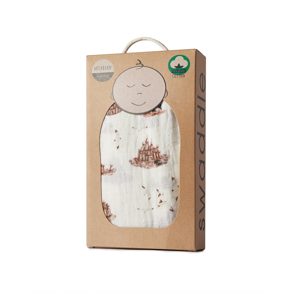 Milkbarn Sandcastle Organic Cotton Muslin Swaddle Blanket in newborn gift box, white eco-friendly cotton fabric with beach-themed sandcastle, lighthouse, and seagull print