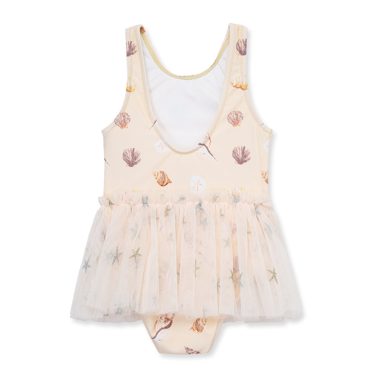 Back view of Milkbarn’s Seashells Ballet Skirt Swimsuit featuring ruffled tutu skirt and soothing neutral seashell print for sunny seaside days
