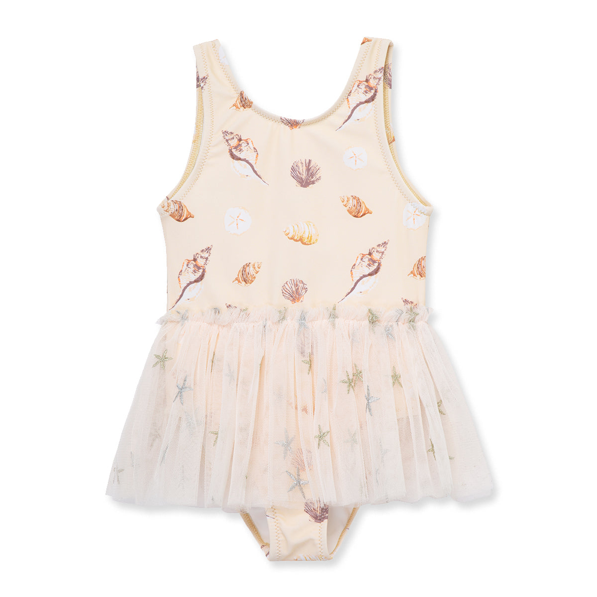 Milkbarn’s Seashells Ballet Skirt Swimsuit with sand dollar and scallop shell motifs, UPF 50+ nylon spandex blend for soft and secure beachwear