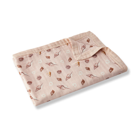 Milkbarn Seashells Big Lovey Three-Layer Muslin Blanket, soft bamboo and cotton blend with seashell and sand dollar print, oversized comfort blanket for babies and children