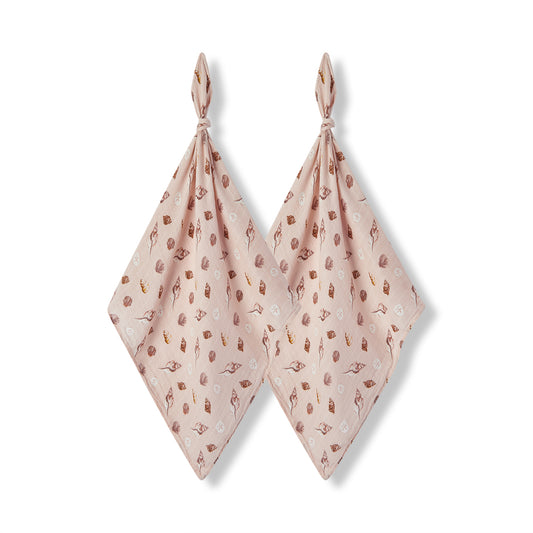 Milkbarn Seashells Bamboo Muslin Two-Piece Burp Cloth Set, pink with playful seashell and sand dollar print, 70% rayon from bamboo and 30% cotton, perfect for babies