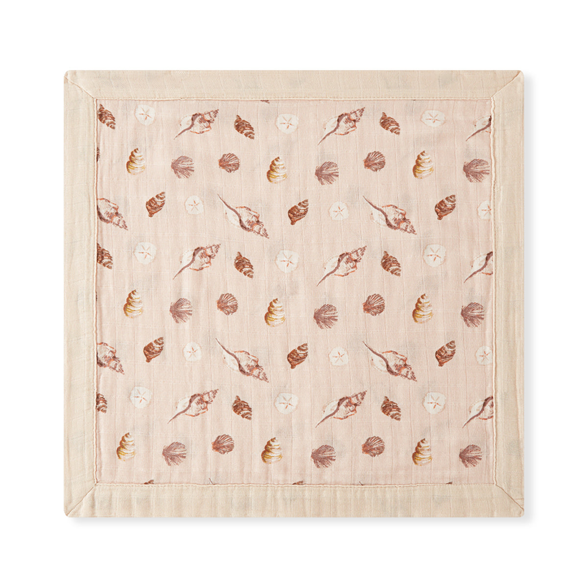 Closeup of Milkbarn Seashells Mini Lovey Two-Layer Muslin Security Blanket fabric, lightweight bamboo and cotton muslin with seashell and sand dollar print
