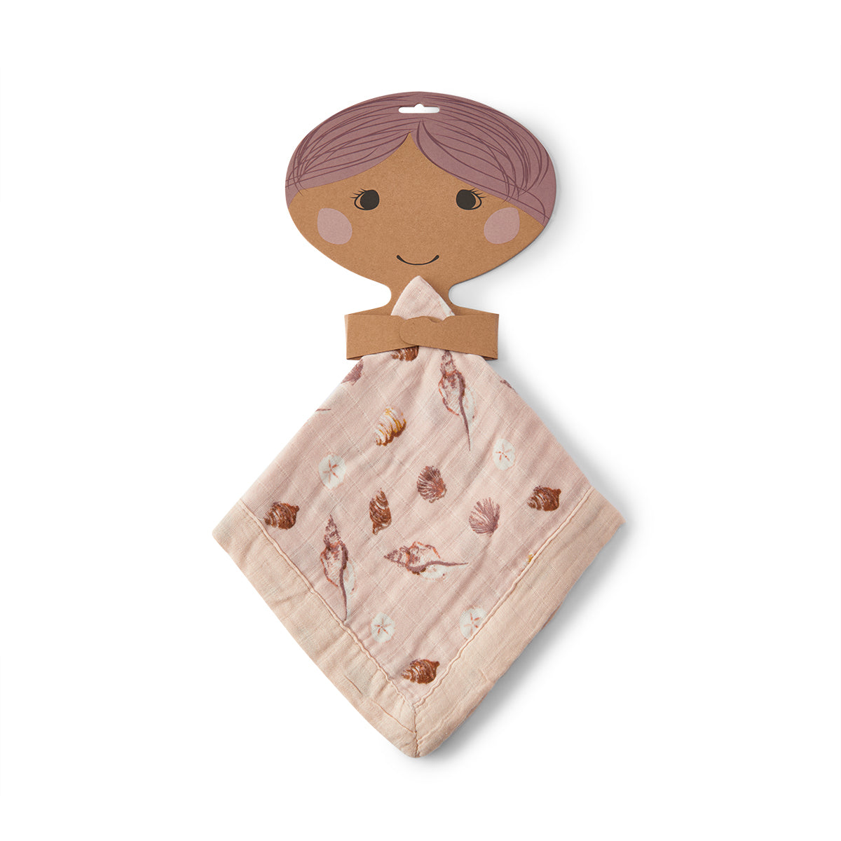 Milkbarn Seashells Mini Lovey Two-Layer Muslin Security Blanket in Milkbarn paper hanger packaging, bamboo and cotton blend muslin, beach-themed seashell and sand dollar design for babies