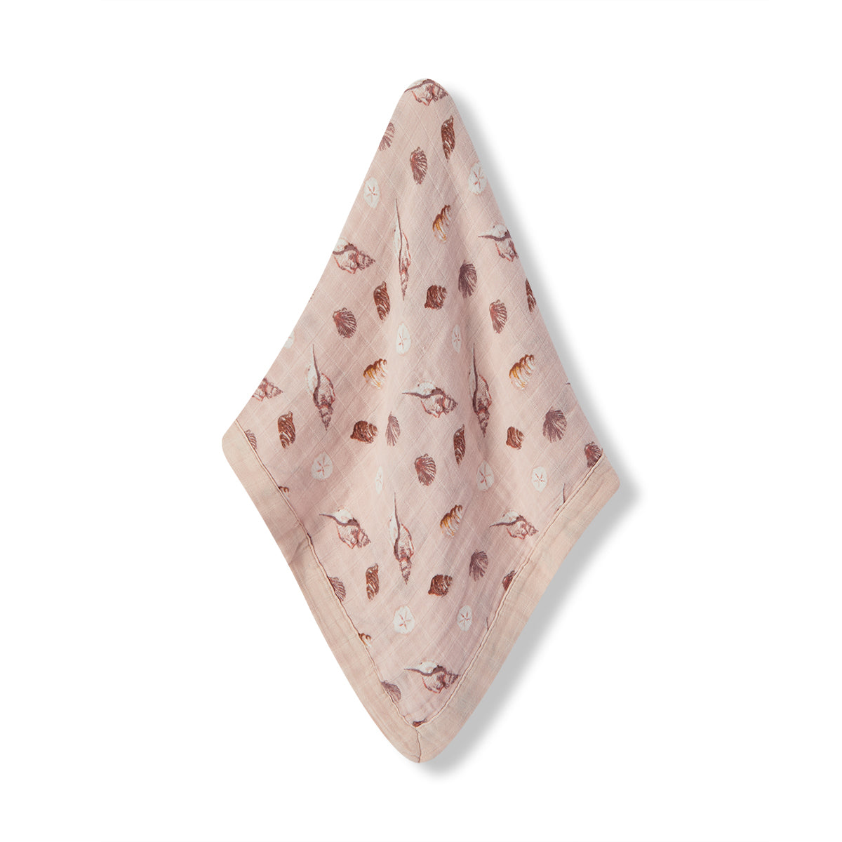 Milkbarn Seashells Mini Lovey Two-Layer Muslin Security Blanket, soft baby comfort blanket made from 70% bamboo rayon and 30% cotton, pink base with seashell and sand dollar print