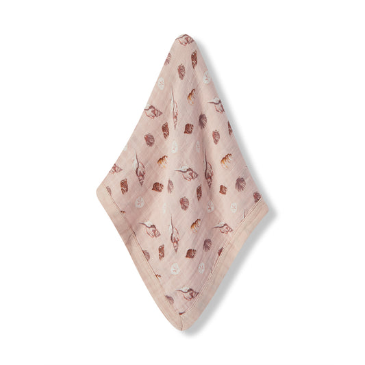 Milkbarn Seashells Mini Lovey Two-Layer Muslin Security Blanket, soft baby comfort blanket made from 70% bamboo rayon and 30% cotton, pink base with seashell and sand dollar print