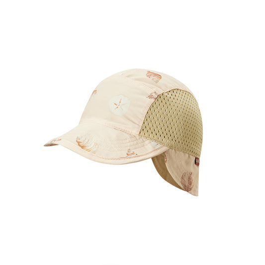 Milkbarn’s Seashells Outdoor Explorer Hat with sand dollar and scallop motifs, UPF 50+ protection, mesh sides, and back flap for gentle sun coverage