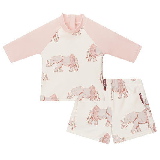 Front view of Milkbarn Tutu Elephant short-sleeve swim top and trunks set for babies and toddlers, elephant print body with pink sleeves, back zipper, UPF 50+