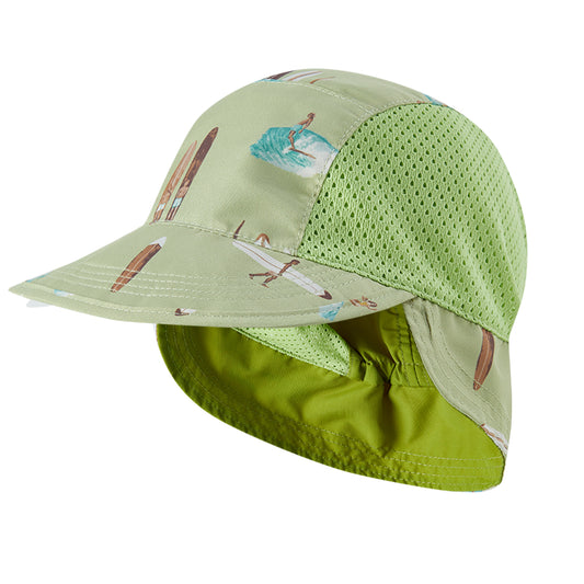 Milkbarn’s Summer Surf Outdoor Explorer Hat with playful surfer print on green tones, mesh sides for ventilation, and UPF 50+ sun protection