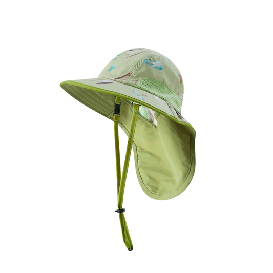Milkbarn’s Summer Surf Sun Safety Adjustable Play Hat in fresh green tones with playful surfer print, breathable polyester, UPF 50+ coverage, and adjustable fit
