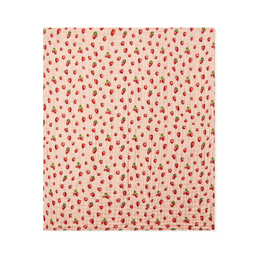 Milkbarn Strawberry organic cotton towel for babies and toddlers with sweet red strawberries, soft absorbency for bath or beach.