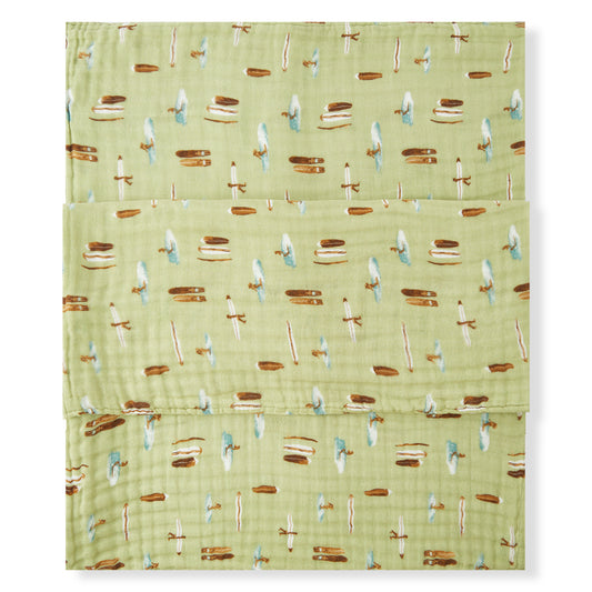 Milkbarn Summer Surf 100% cotton baby towel with playful surfers on green, perfect for post-swim comfort or cozy bath time.