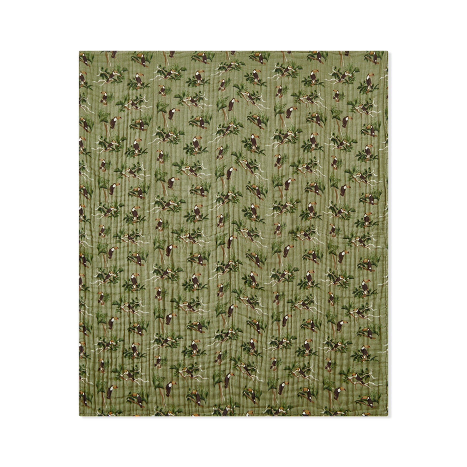 Milkbarn Toucan cotton baby towel with bright tropical toucans on a dark green base, perfect for poolside fun and everyday bath routines.