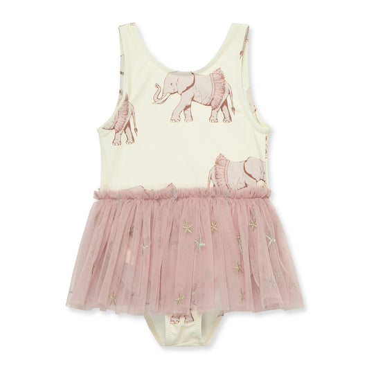 Milkbarn’s Tutu Elephant Ballet Skirt Swimsuit with whimsical elephants in soft gray and pink tones, made from UPF 50+ nylon spandex for gentle protection