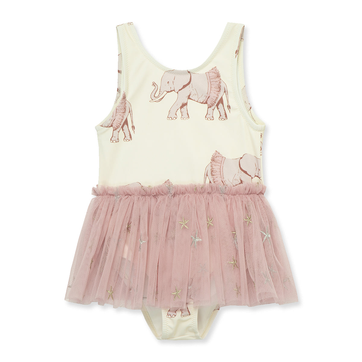 Milkbarn’s Tutu Elephant Ballet Skirt Swimsuit with whimsical elephants in soft gray and pink tones, made from UPF 50+ nylon spandex for gentle protection