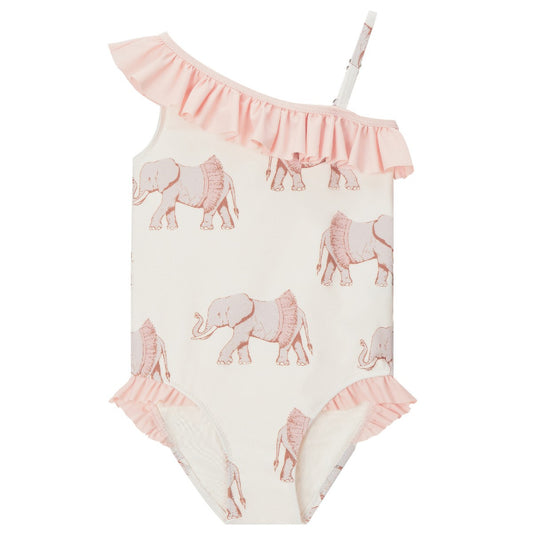 Milkbarn’s Tutu Elephant Off Shoulder One Piece Swimsuit featuring gentle gray elephants with pink accents, soft UPF 50+ nylon spandex fabric, and an elegant single-strap ruffle design