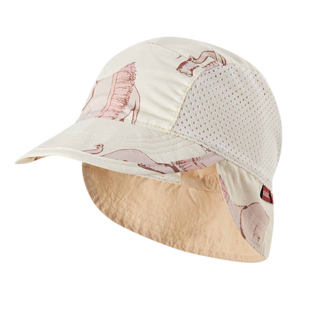 Milkbarn’s Tutu Elephant Outdoor Explorer Hat featuring gentle gray elephants with pink accents, rounded crown, mesh sides, and protective back flap