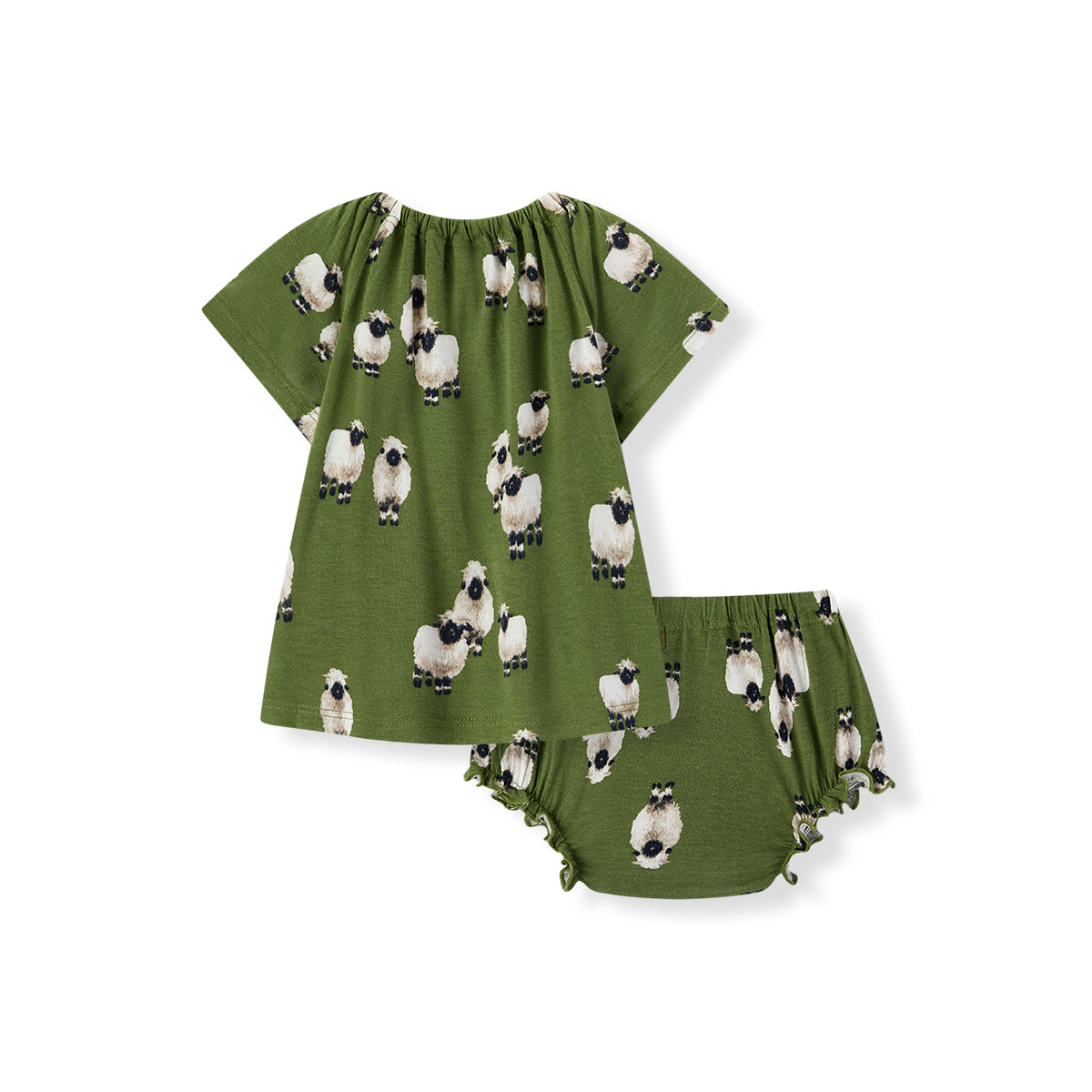 Back view of Milkbarn Valais Sheep Bamboo Dress and Bloomer Set, soft eco-friendly green rayon from bamboo with whimsical Valais sheep design, perfect for girls