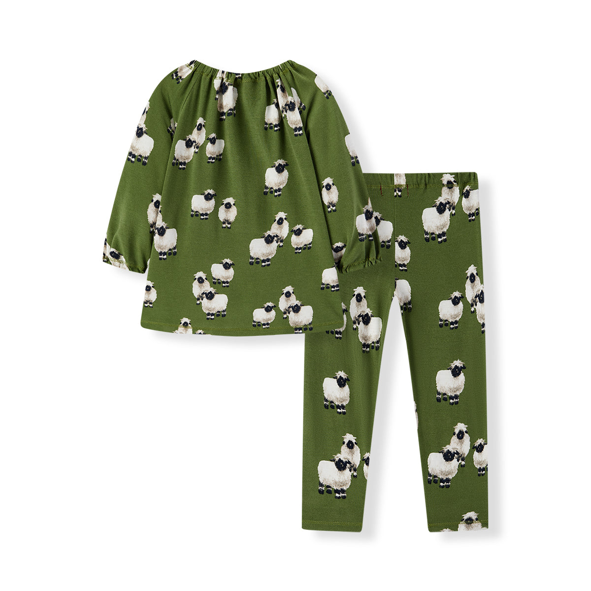 Back view of Milkbarn Valais Sheep Bamboo Dress and Legging Set, soft eco-friendly green rayon from bamboo with whimsical Valais sheep design, a charming farm-themed outfit for girls