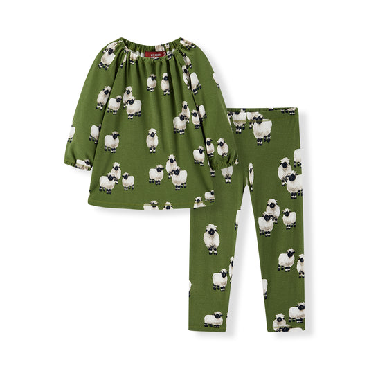 Milkbarn Valais Sheep Bamboo Dress and Legging Set for little girls, front view of playful farm-inspired outfit in green 100% rayon from bamboo with black-faced white sheep print