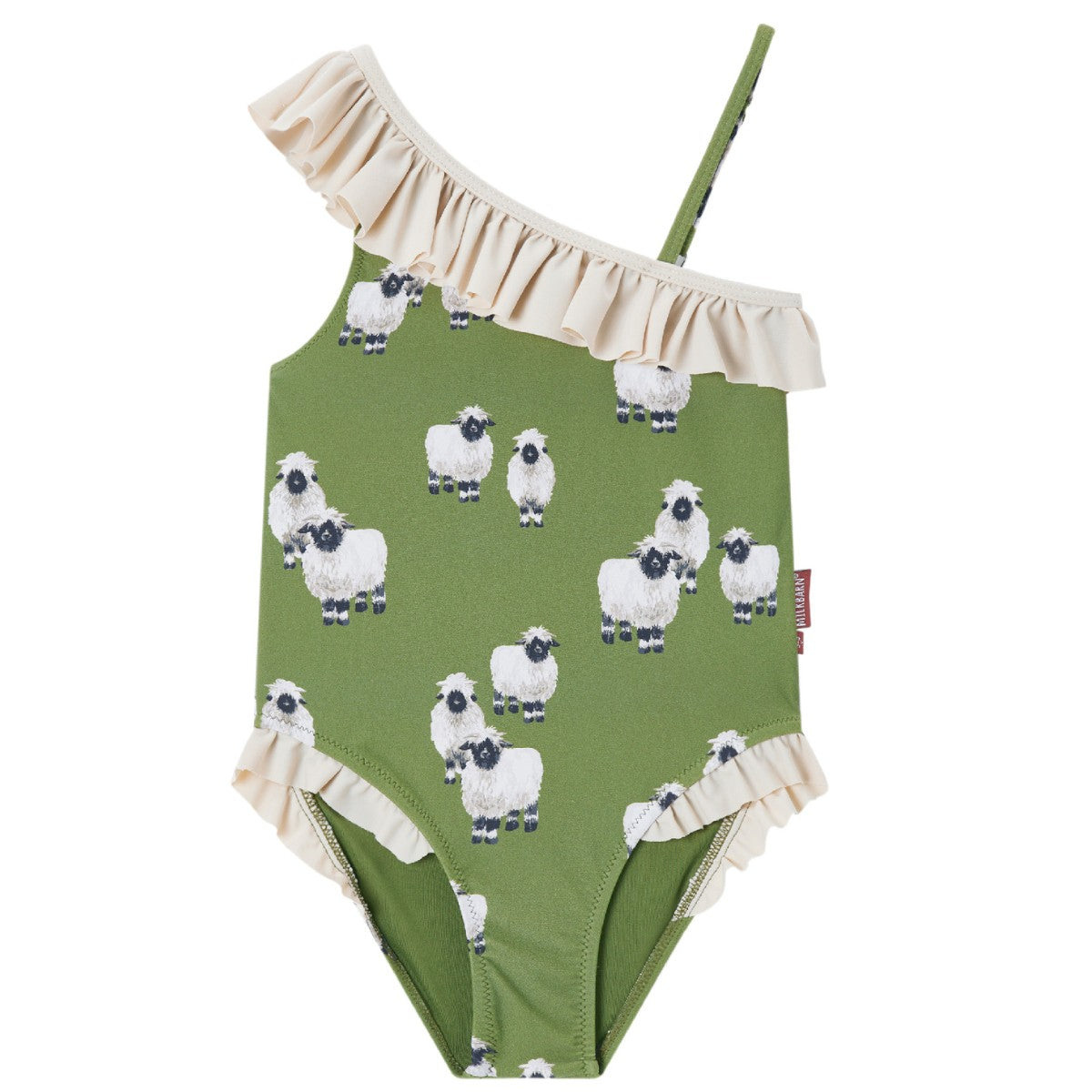 Milkbarn Kids Nylon Spandex Ruffle Off Shoulder Swimsuit baby Apparel Swim in Valais Sheep fabric Front