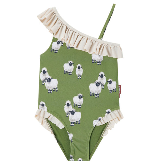 Milkbarn’s Valais Sheep Off Shoulder One Piece Swimsuit showcasing fluffy white sheep on soft neutral tones, made from UPF 50+ nylon spandex with a charming one-shoulder ruffle style
