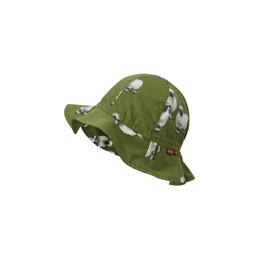 Milkbarn’s Valais Sheep Sunshine Peekaboo Hat showcasing fluffy white sheep on warm neutral tones, lightweight fabric with rounded crown and UPF 50+ brim