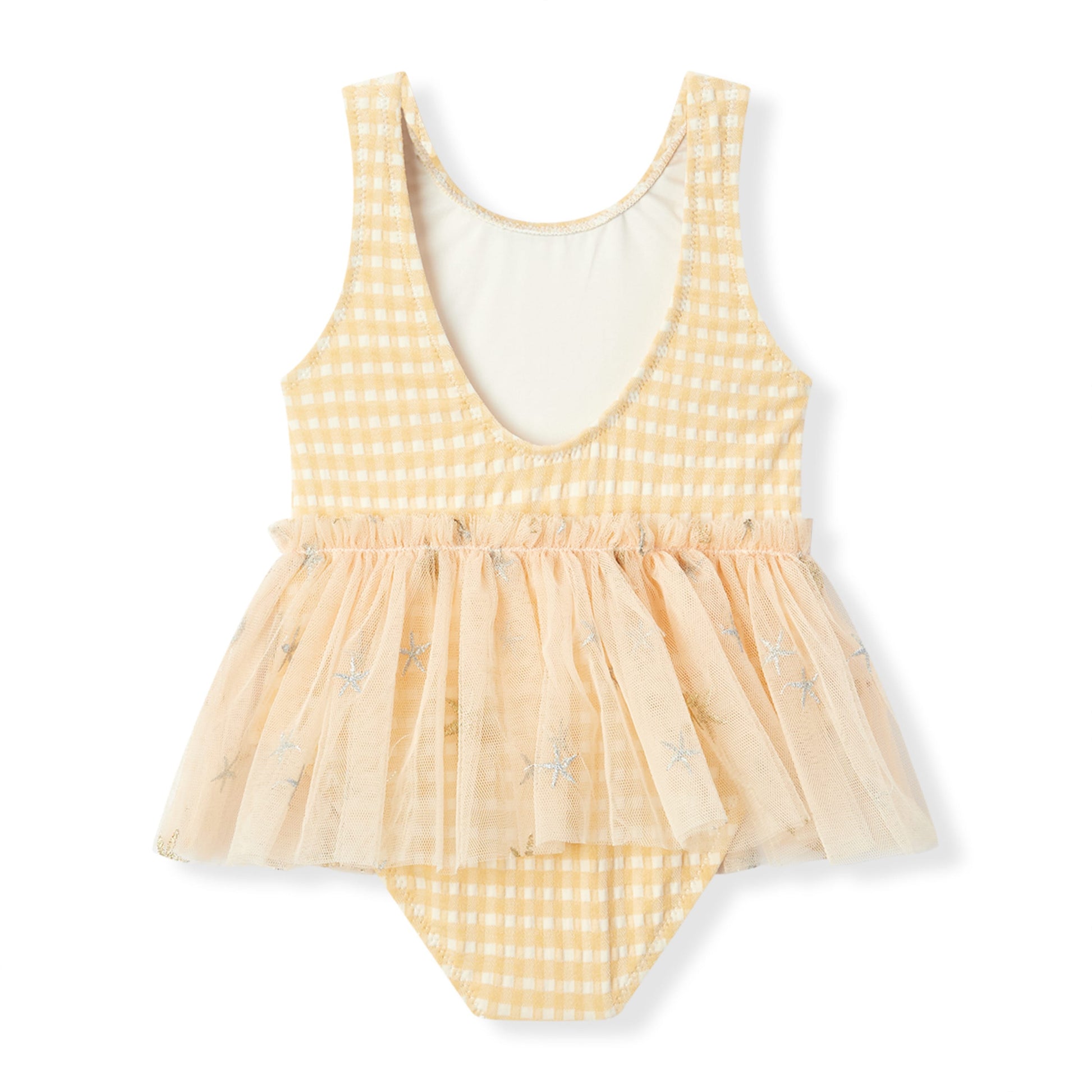Back view of Milkbarn’s Yellow Gingham Ballet Skirt One Piece Swimsuit highlighting the charming tutu skirt and adjustable back straps for sunny playdays