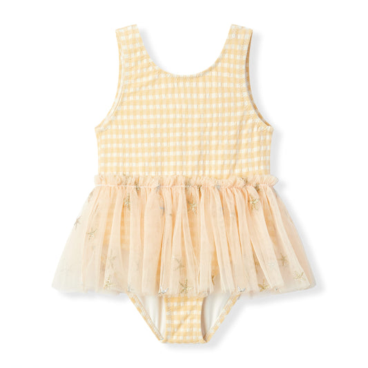 Baby girl one piece swimsuit in Milkbarn’s Yellow Gingham Ballet Skirt style featuring cheerful yellow checks, nylon spandex comfort, and UPF 50+ sun protection