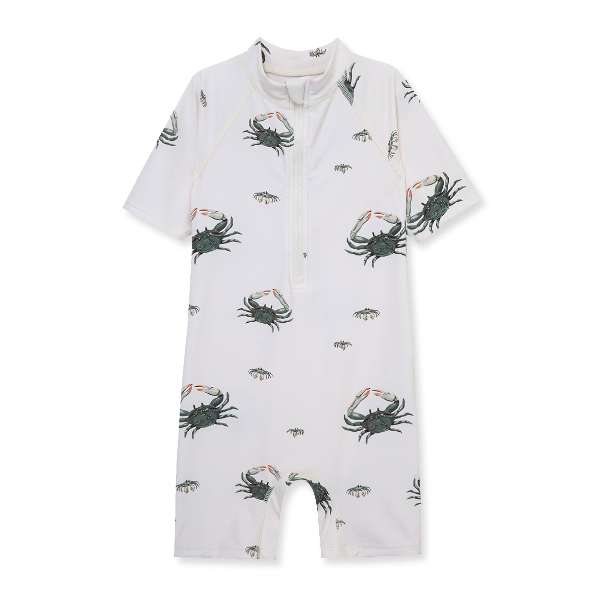 Milkbarn Coastal Crab zipper shortall swimsuit with blue and green crabs on white, offering UPF 50+ sun protection for seaside adventures.