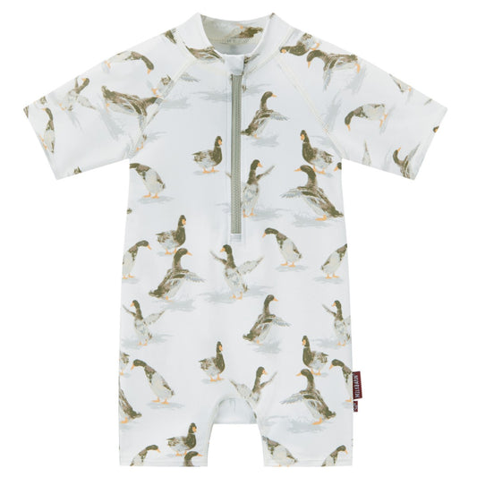 Milkbarn Duck zipper shortall swimsuit with cheerful ducks and soft pastel tones, offering UPF 50+ sun protection for playful water days.