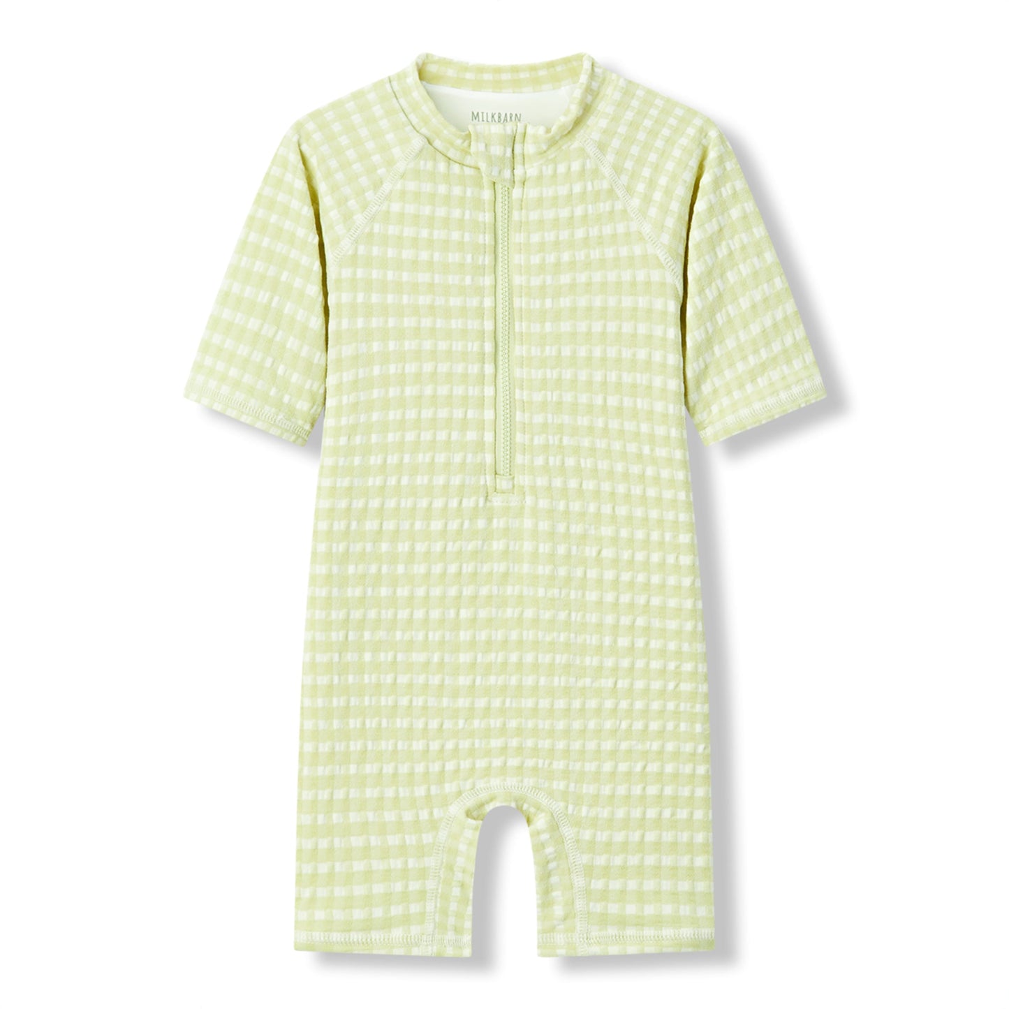 Milkbarn Green Gingham zipper shortall swimsuit for babies and toddlers featuring a light green checkered design and UPF 50+ sun protection.