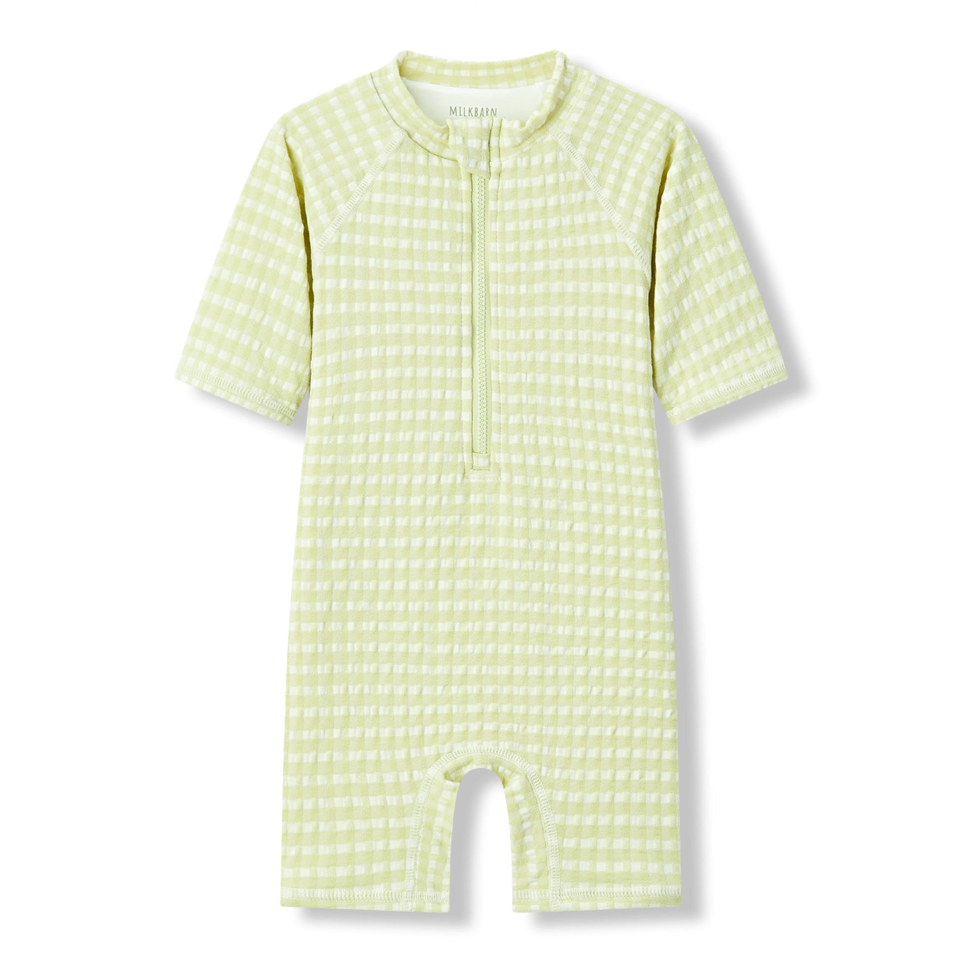 Milkbarn Green Gingham zipper shortall swimsuit for babies and toddlers featuring a light green checkered design and UPF 50+ sun protection.