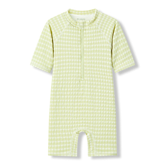 Milkbarn Green Gingham zipper shortall swimsuit for babies and toddlers featuring a light green checkered design and UPF 50+ sun protection.
