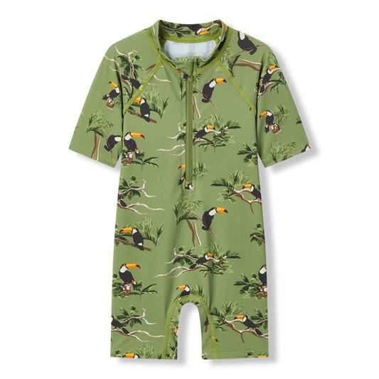 Milkbarn Toucan zipper shortall swimsuit for babies and toddlers in dark green with playful black and orange toucans, UPF 50+ sun protection.