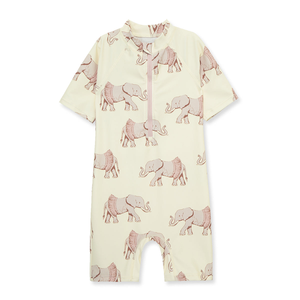Milkbarn Tutu Elephant zipper shortall swimsuit in creamy tones featuring gentle elephants and a front zipper for easy changing, UPF 50+ protected.