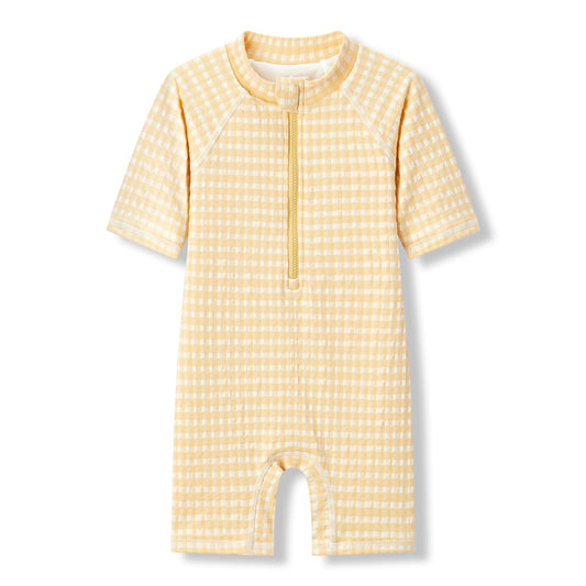Milkbarn Yellow Gingham zipper shortall swimsuit with cheerful yellow checks and built-in UPF 50+ sun protection for babies and toddlers.