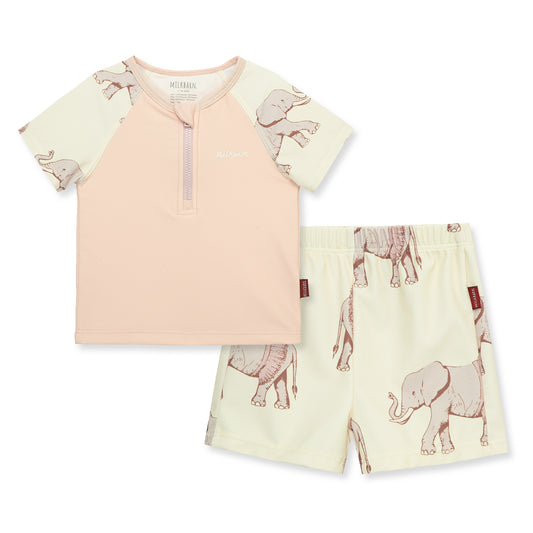 Front view of Milkbarn Tutu Elephant zipper swim top and trunks set for babies and toddlers, pink body with elephant print sleeves, UPF 50+ front zipper rash guard