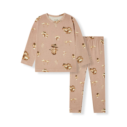 Soft organic cotton kids pajama set with mushroom print, long sleeve top and pants for toddler sleepwear