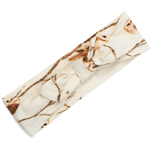 Soft bamboo owl baby girl knotted bow headband, cream base fabric with brown owl print