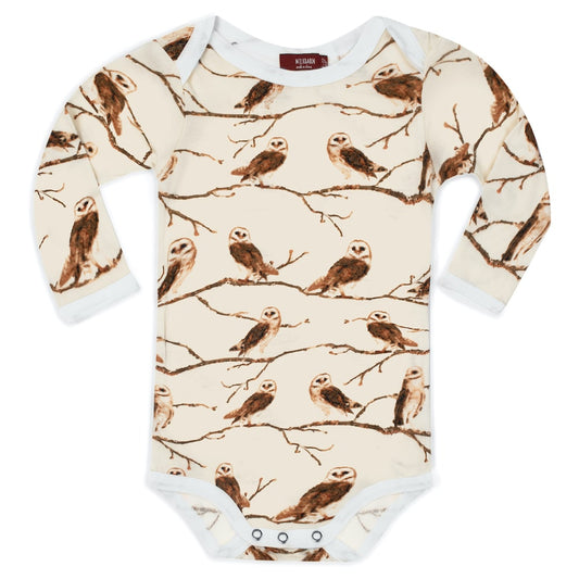 Soft and breathable bamboo long sleeve baby one piece in cream with brown owl print