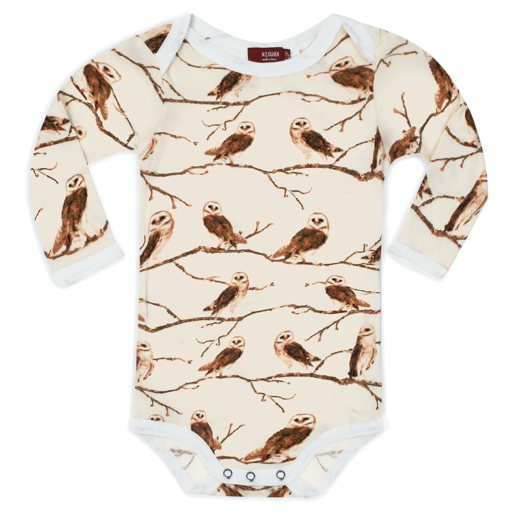 Soft and breathable bamboo long sleeve baby one piece in cream with brown owl print