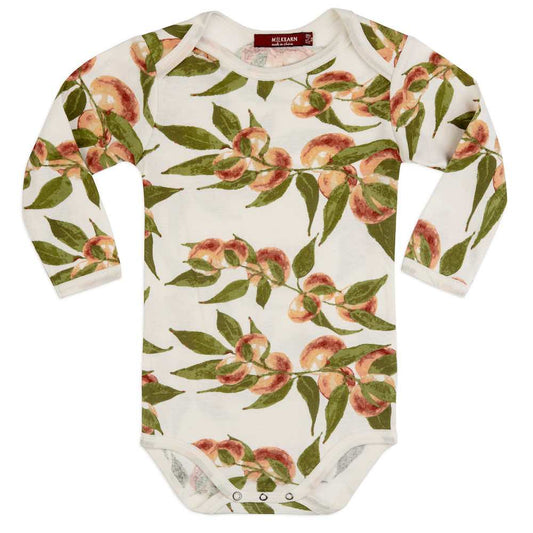 Soft and hypoallergenic organic cotton long sleeve baby one piece in white with orange peach design