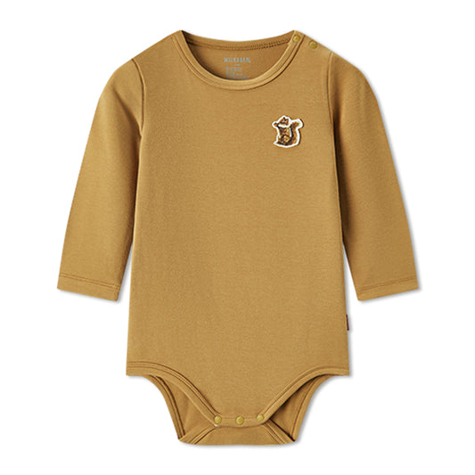 Soft and stretchy brushed blend long sleeve baby one piece in brown with squirrel print, bamboo cotton spandex