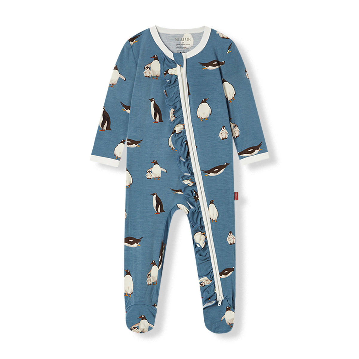 Penguin Luxe stretch ruffle bamboo footed romper (footie pajamas) for baby girls, flexible, comfy, and gentle on sensitive skin