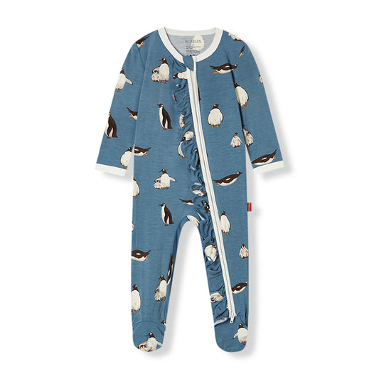 Penguin Luxe stretch ruffle bamboo footed romper (footie pajamas) for baby girls, flexible, comfy, and gentle on sensitive skin