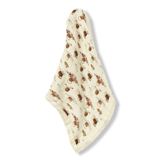 Hanging Picnic Bamboo Mini Lovey muslin security blanket in white and cream tones by Milkbarn