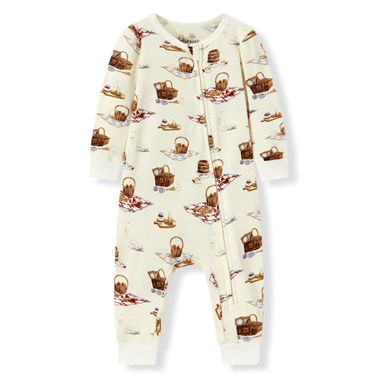 Milkbarn Picnic Organic Cotton Zipper Pajama for babies, soft and breathable 100% organic cotton with playful picnic pattern, gentle on skin and perfect for sleep and play